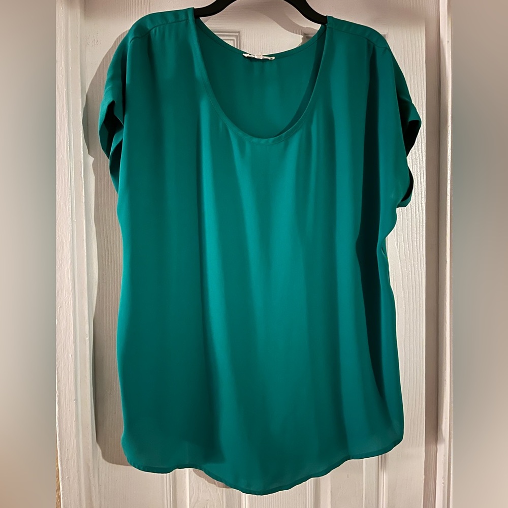 Green short rolled sleeve blouse with pleated back